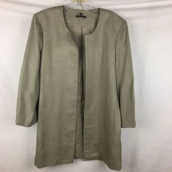Eileen Fisher 100% Silk Jacquard Gray Open Front Collarless Long Jacket NEW L
